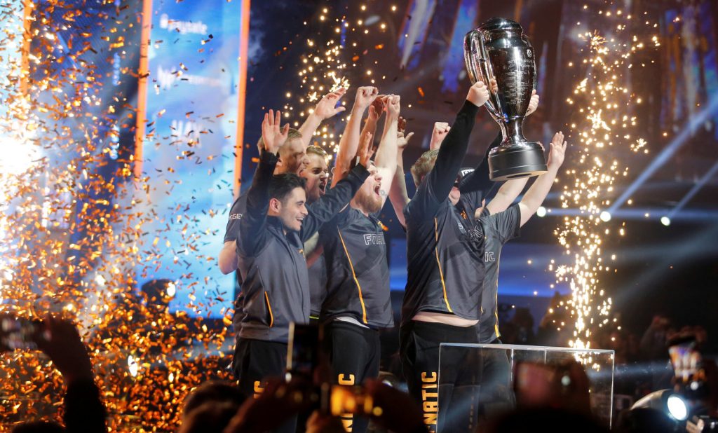 Fnatic team players celebrate their World Championship of the Intel Extreme Masters Katowice 2018 after esports final match of Counter-Strike: Global Offensive in Katowice
