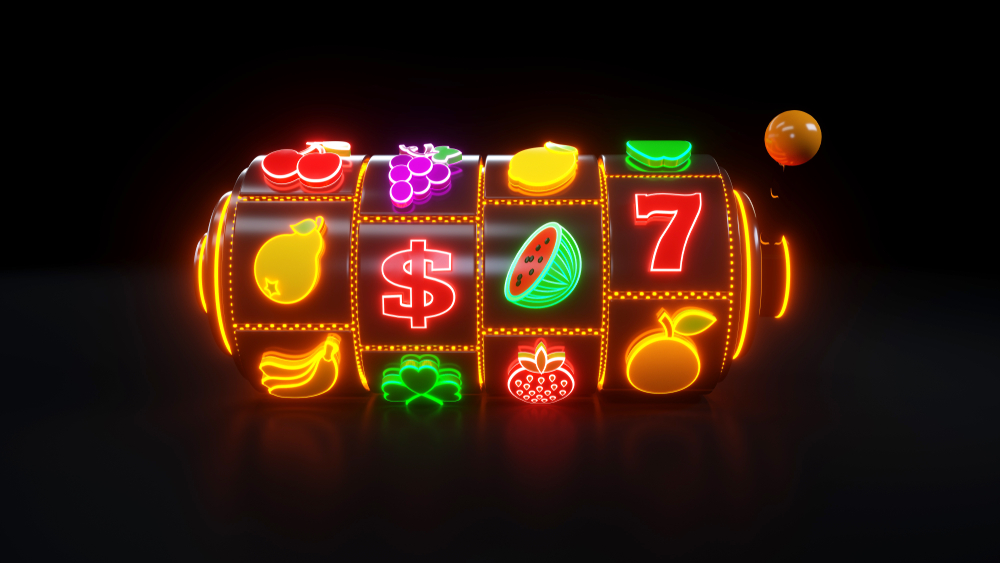 Slot,Machine,With,Fruit,Icons.,Casino,Gambling,Concept,With,Neon