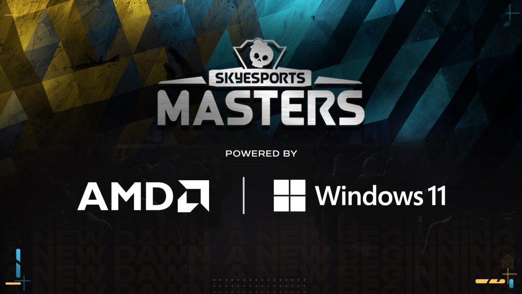 Screenshot of Skyesports Masters, AMD, and Windows 11 logo on yellow, blue and black background