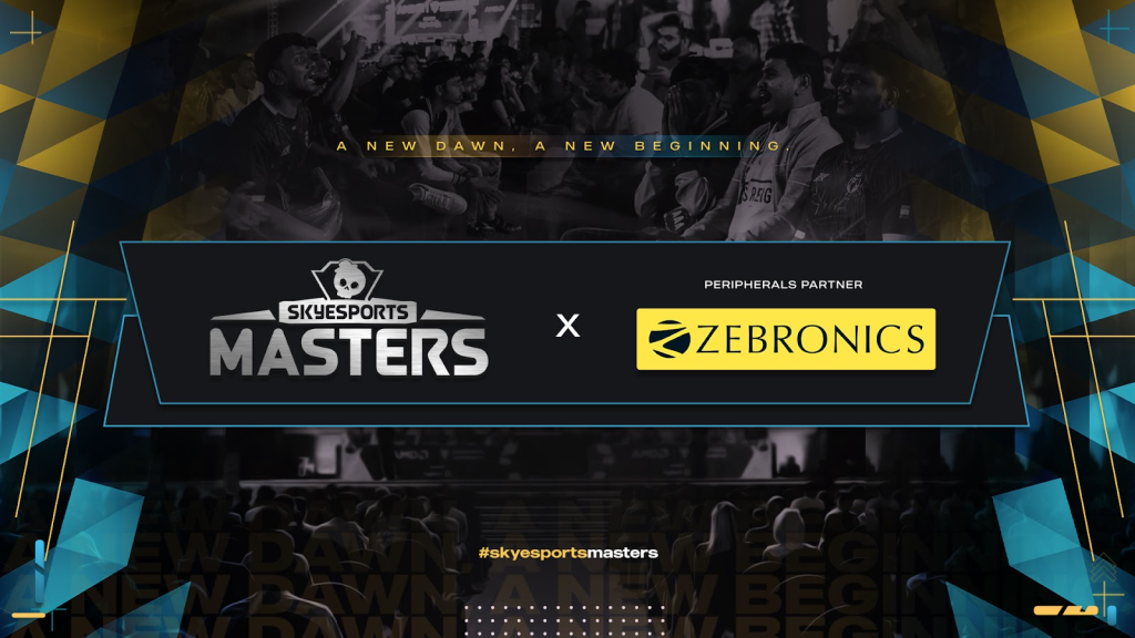 Screenshot of Skyesports Masters and Zebronics logo on black, blue, and yellow baclground