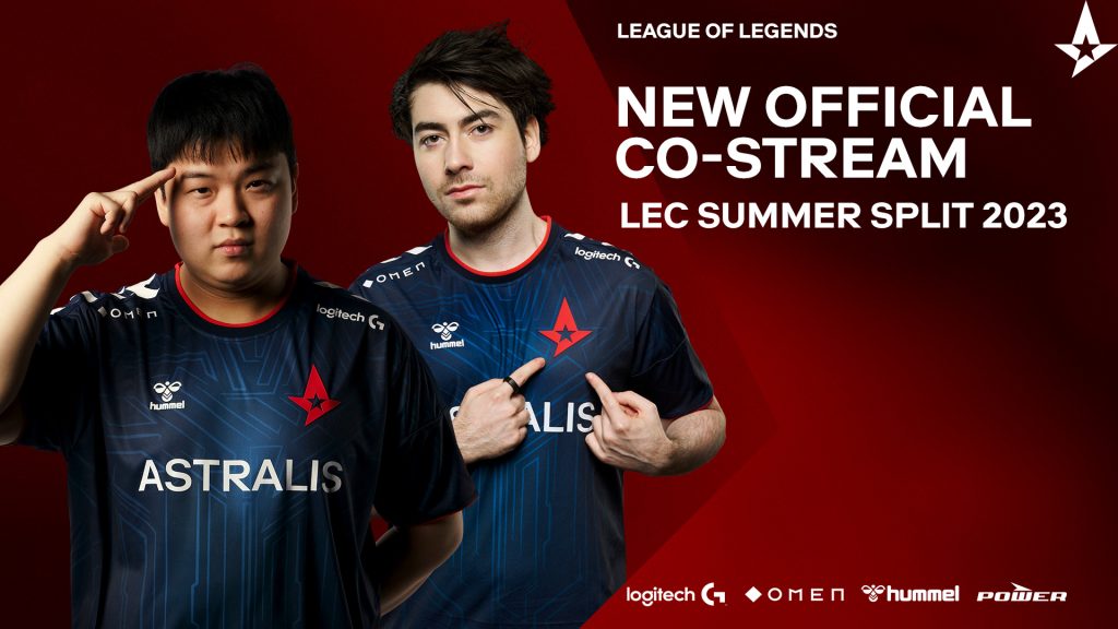 Screenshot showing Astralis League of Legends players on red background with LEC co-stream text on right-hand side