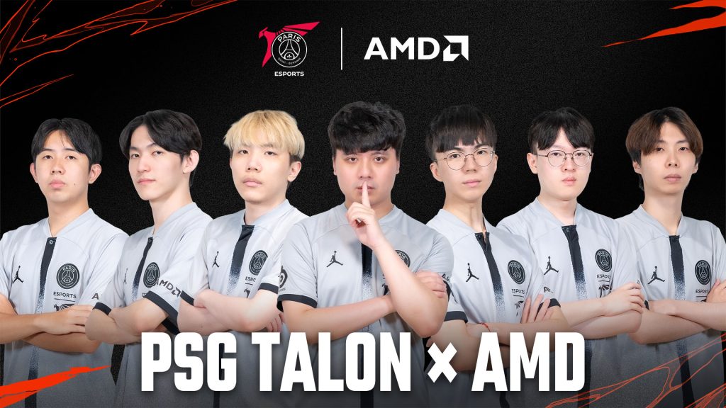 Screenshot of PSG Talon roster on a black and red background with PSG Talon and AMD logos above 