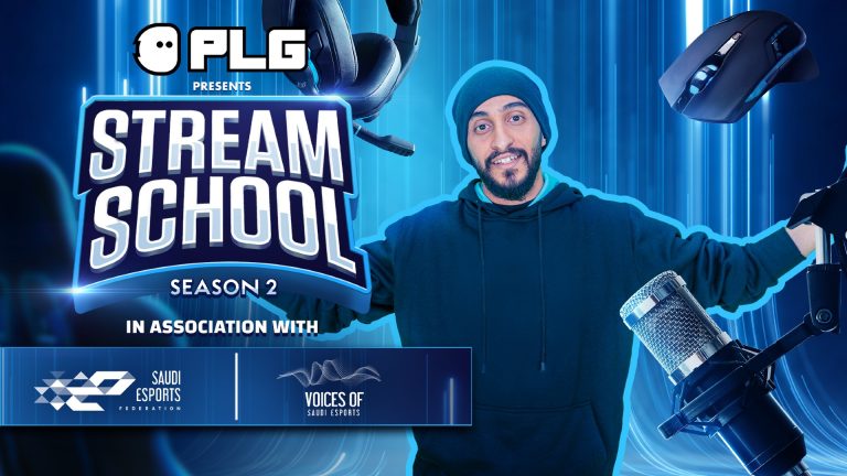 Screenshot of streamer on blue background surrounded by PC peripherals next to a PLG Presents Stream School Season 2 logo