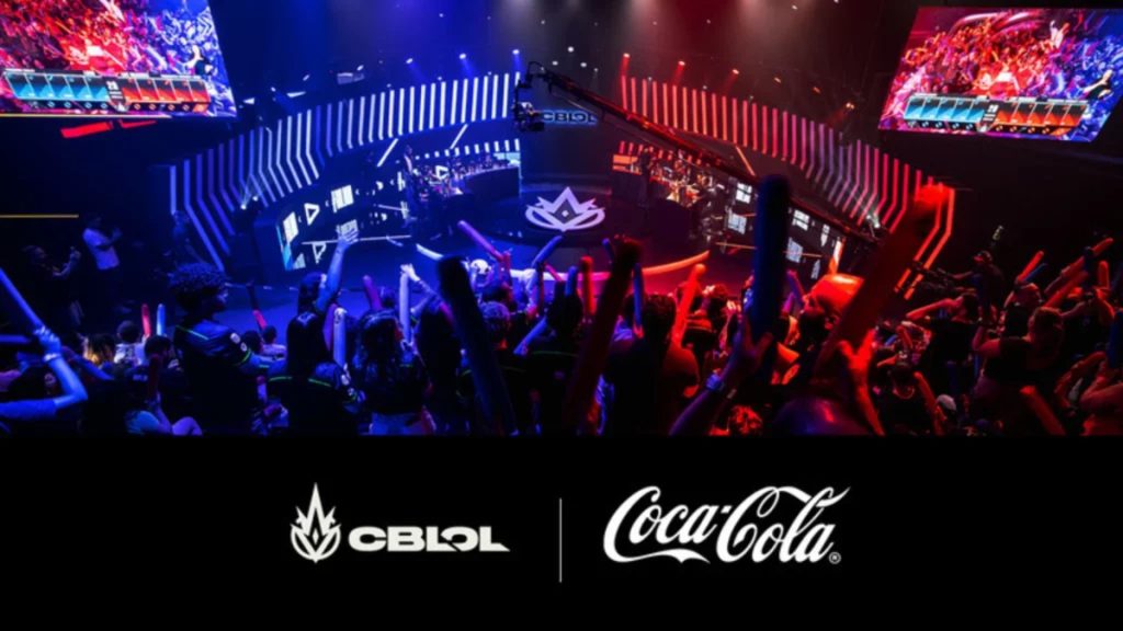 Screenshot of CBLOL League of Legends event and the CBLOL and Coca Cola logo on a black background at the bottom of the image