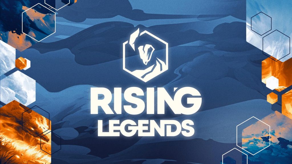 Screenshot of Teamfight Tactics Rising Legends logo on a blue background with white grey and orange shapes around the outside.