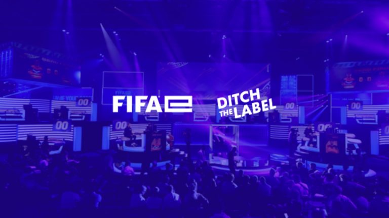 Screenshot of FIFAe and Ditch the Label logos on a blue background with FIFA esports event taking place