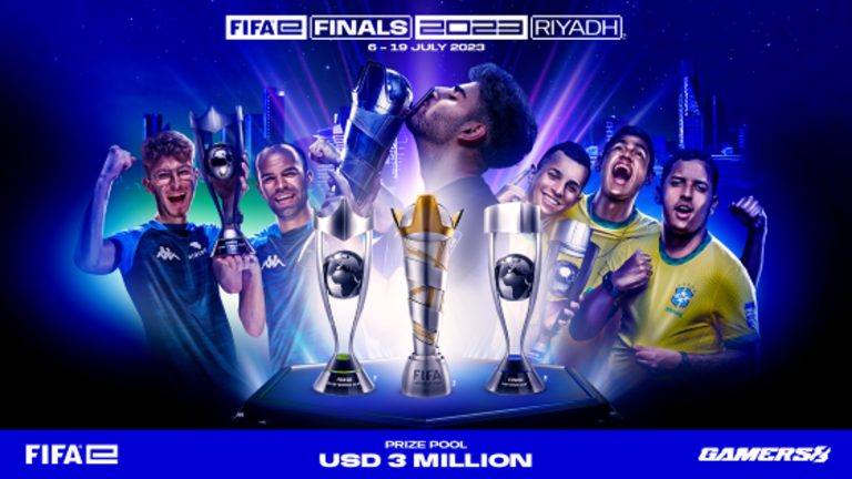 Screenshot of FIFAe players and FIFAe trophies on a blue background. The FIFAe and Gamers8 logos are in the bottom left and right corners.
