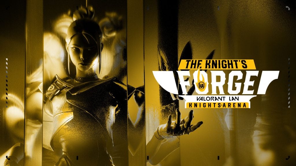 Screenshot showing VALORANT Jett character on a yellow and black background with Knights Arena logo in foreground