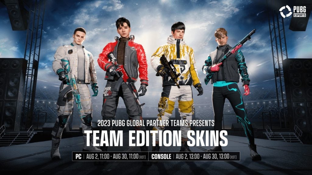 Screenshot of PUBG Esports in-game team skins on a dark blue and black background