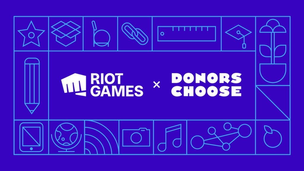 Riot Games and DonorsChoose logo on blue background