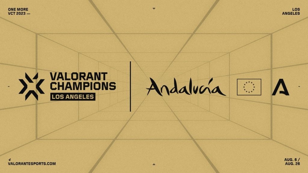 Screenshot of Riot Games' VCT Champions logo and Junta de Andalucia logo on sand yellow background