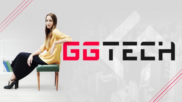 Image of Cristina Carranza sitting on chair and leaning on GGTech Entertainment logo