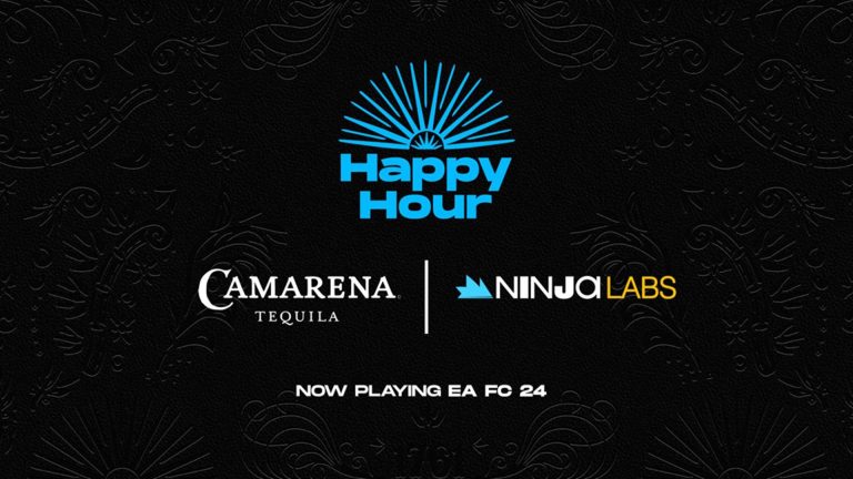 Image of GameSquare Camarena Happy Hour logo next to Camarena Tequila and NinjaLabs logos on black background