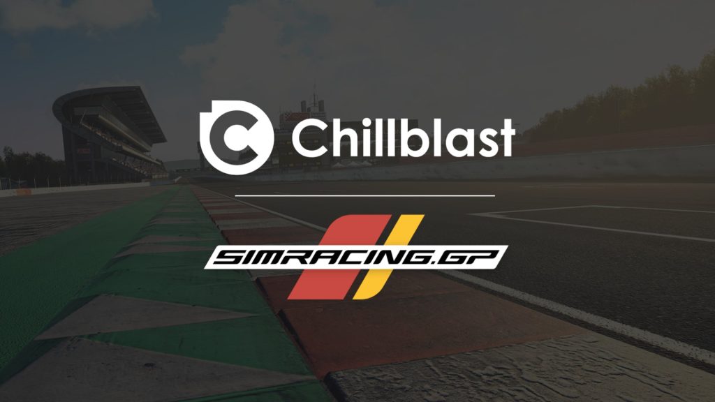 Screenshot of Simracing.GP and Chillblast logos on background of racetrack