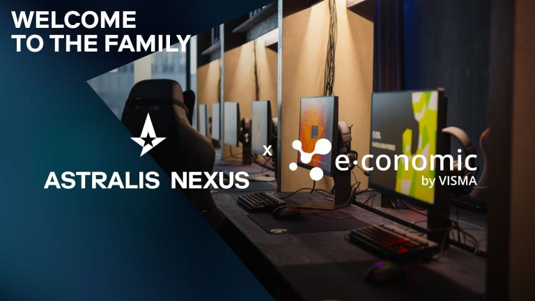 Image of Astralis Nexus and Visma E-Conomic logos with gaming monitors in background