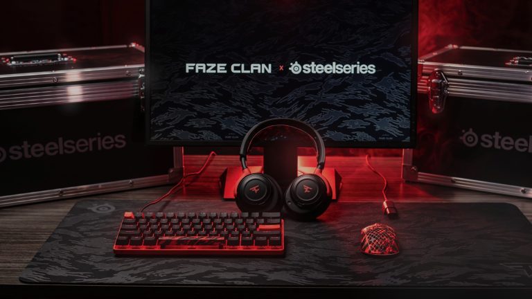 FaZe Clan and SteelSeries logos on computer monitor with co-branded gaming gear surrounding it