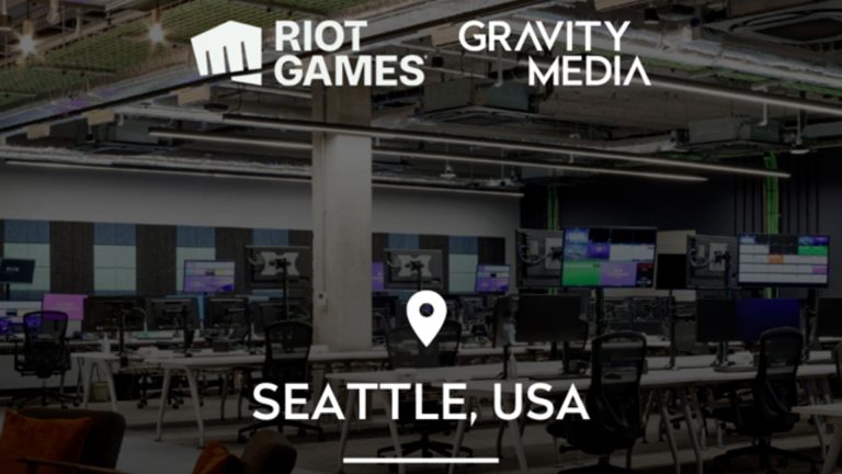 Gravity Media and Riot Games logos with remote broadcast studio in background