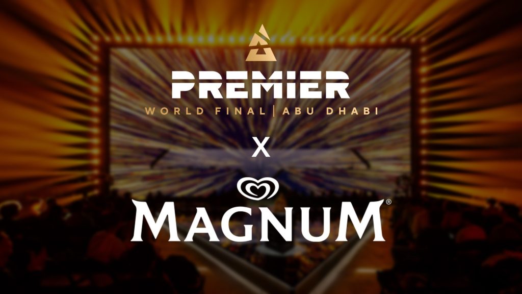 Image of BLAST Premier and Magnum logos on gold blurred esports stage background
