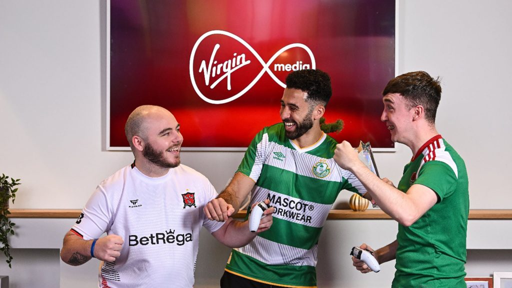 Image of FAI esports players with Virgin Media logo in background