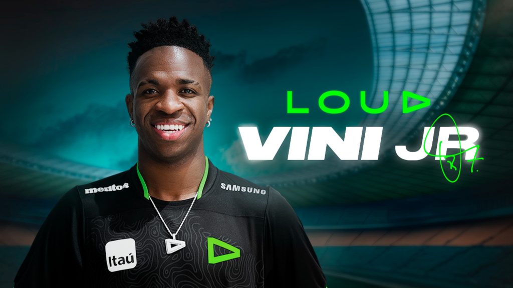 Vinicius Jr wearing a LOUD Esports jersey on blue and black background