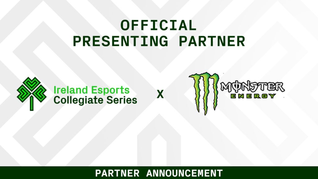 Image of Ireland Esports Collegiate Series and Monster Energy logos on white background. Nativz Gaming assists in organising the series