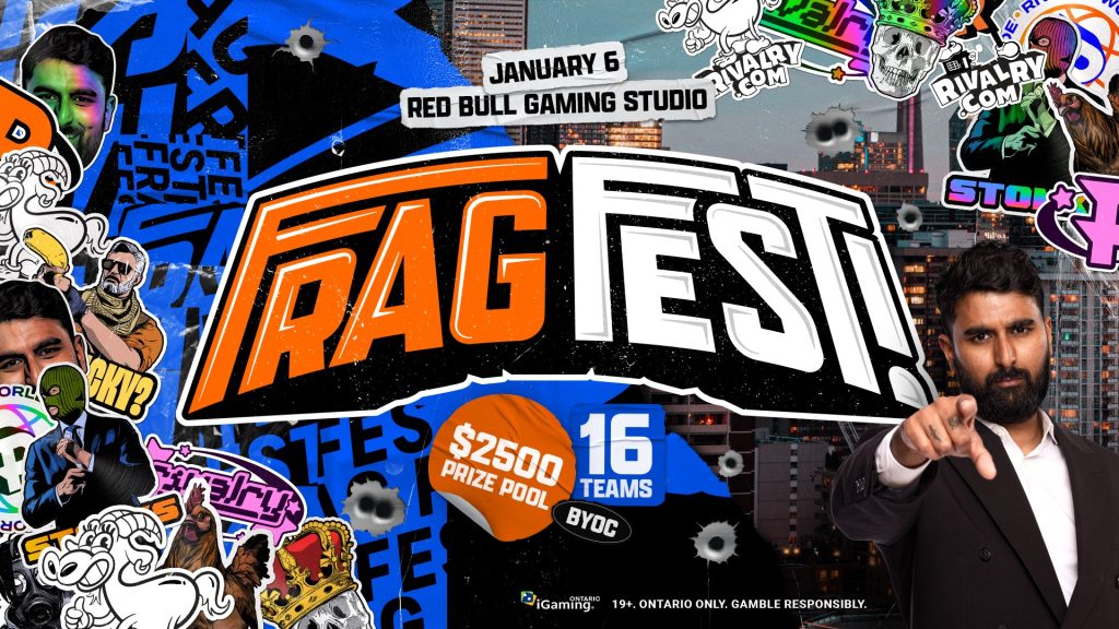 Image of Rivalry FragFest logo on background of stickers and bullet holes