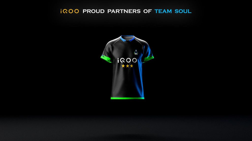 Image of Team Soul jersey with iQOO sponsorship on black background