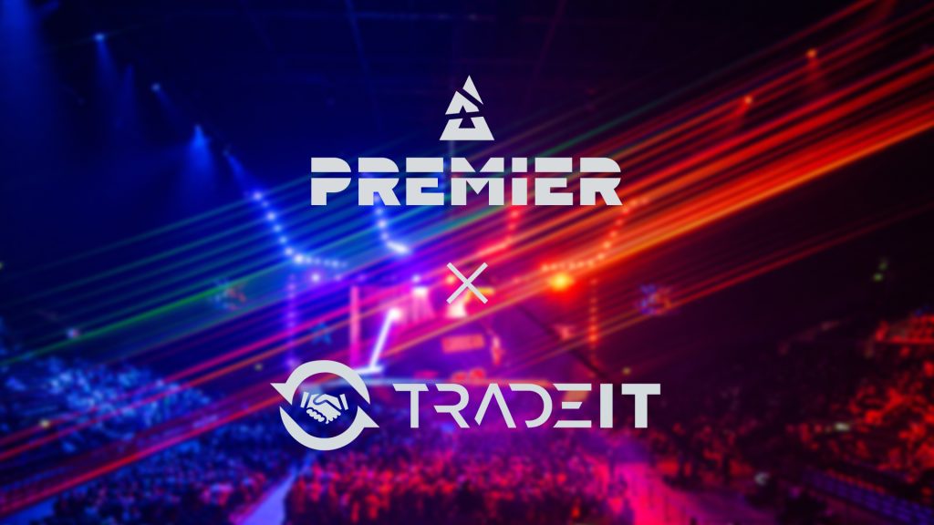 Image of BLAST Premier and Tradeit,gg logos on blue and red background