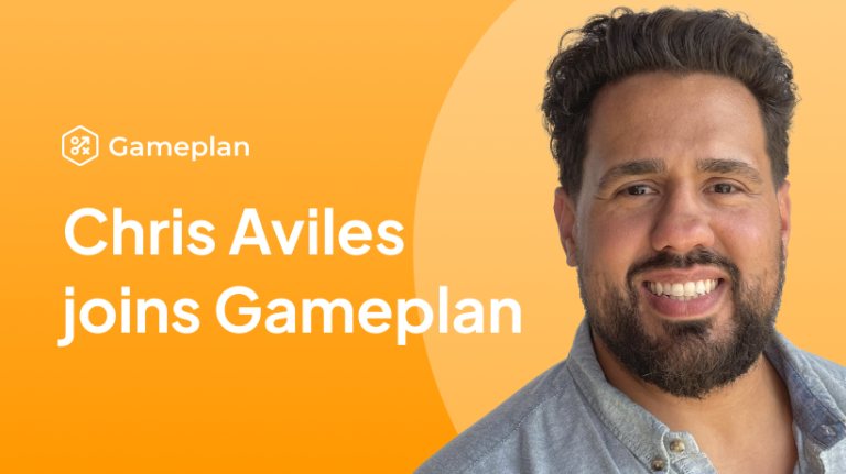 Image of Chris Aviles on orange background with Gameplan logo and white text on left-hand side