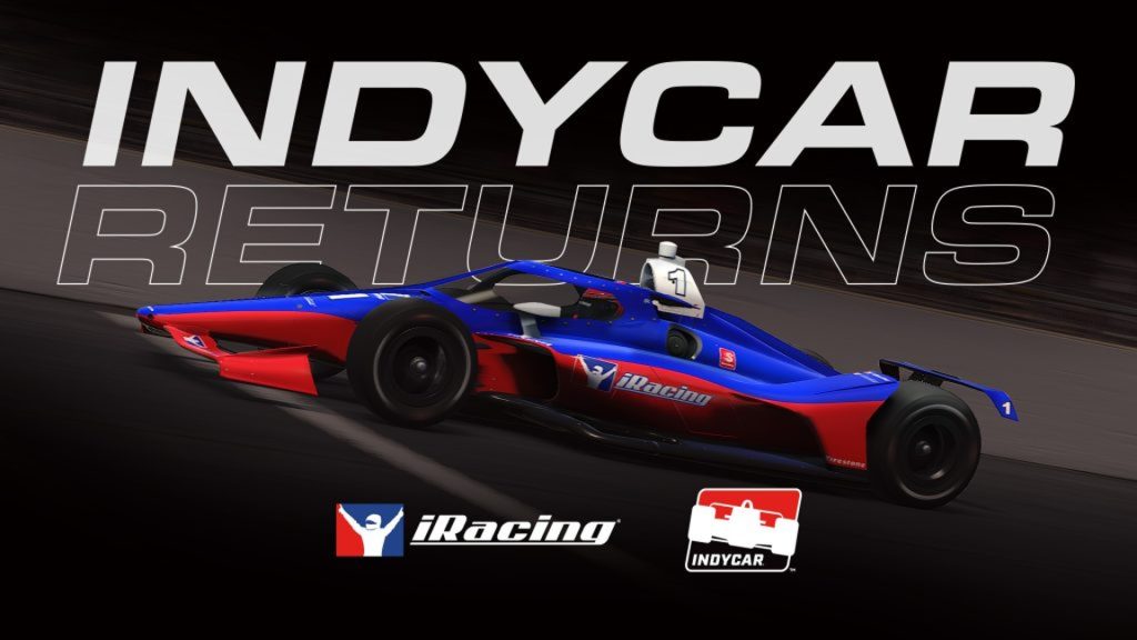 Image of Indycar with iRacing livery with iRacing and IndyCar logos in foreground