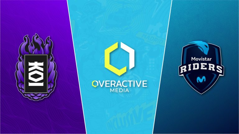 Image of OverActive Media, KOI, and Movistar Riders logos on blue and purple background