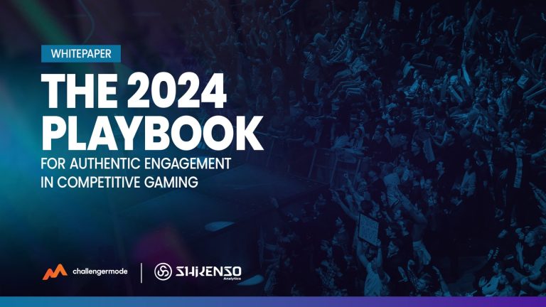 Image of Challengermode and Shikenso Analytics logos with white text above on blue background featuring esports crowd