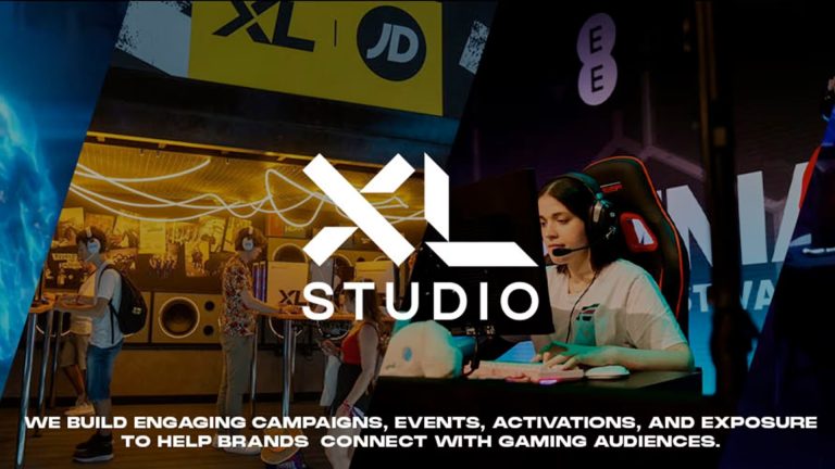Image of XL Studio logo and white text with person playing video games in background