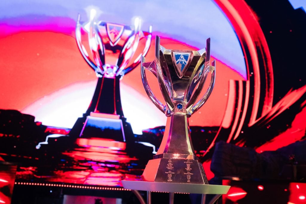 The League of Legends World Championship trophy at Worlds 2023 in South Korea