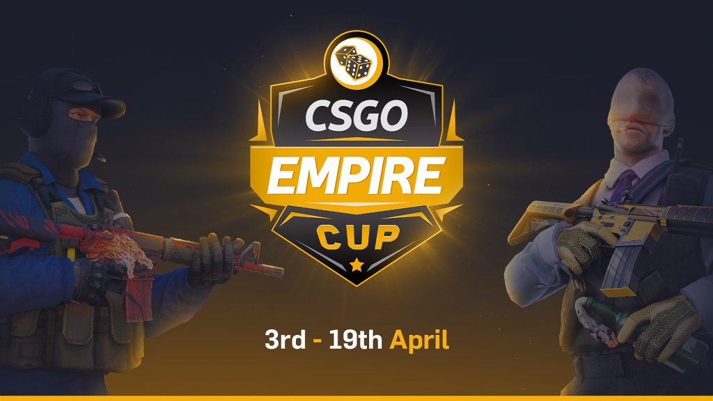 Image of CSGOEmpire Empire Cup logo on dark grey and yellow background with CS2 characters holding weapons on left and right hand side