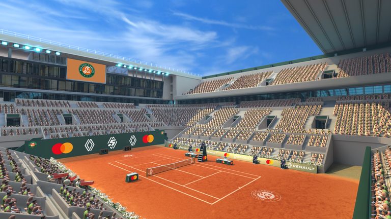 Image of virtual Roland-Garros tennis court with Renault and Mastercard logos