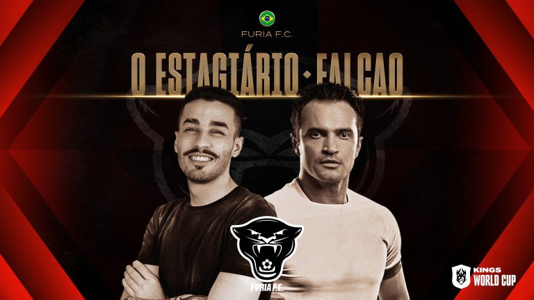 Image of Falcao and O Estagiatio on red and black background with FURIA FC loco above
