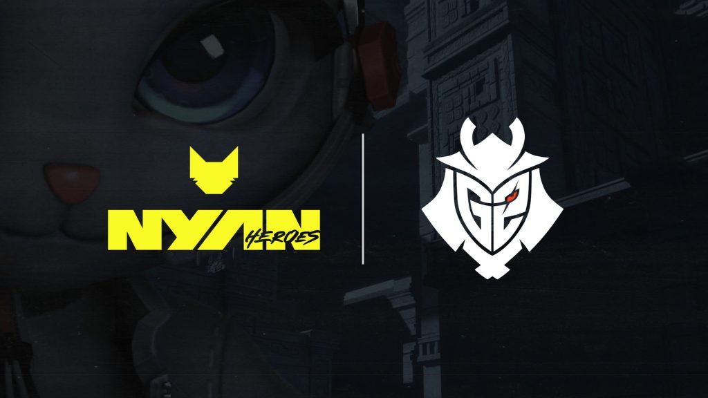 Image of G2 Esports and Nyan Heroes logo with cartoon cat in background