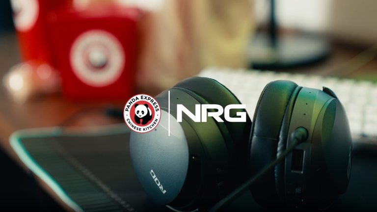 Image of NRG and Panda Express logos on blurred background of headset and food cartons