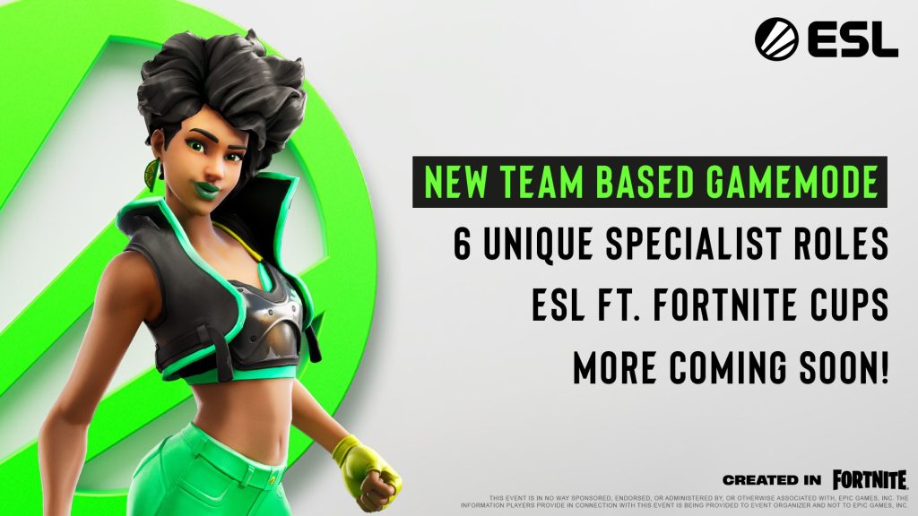 ESL FACEIT Group competitive Fortnite announcement with character on green and white background