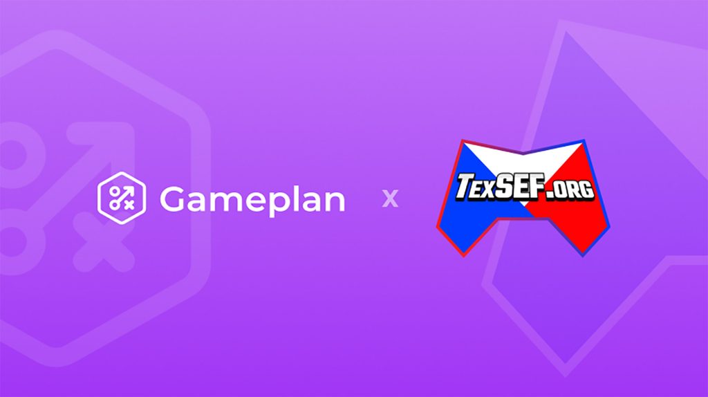 Gameplan and Texas Scholastic Esports Federation logos on purple background