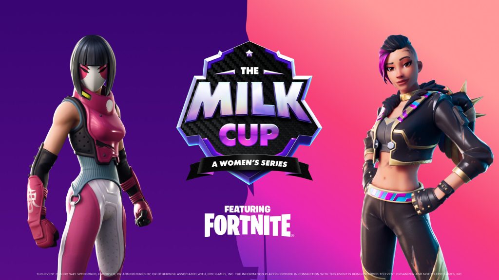 Image of Gonna Need Milk The Milk Cup Fortnite tournament logo next to characters on purple and pink background