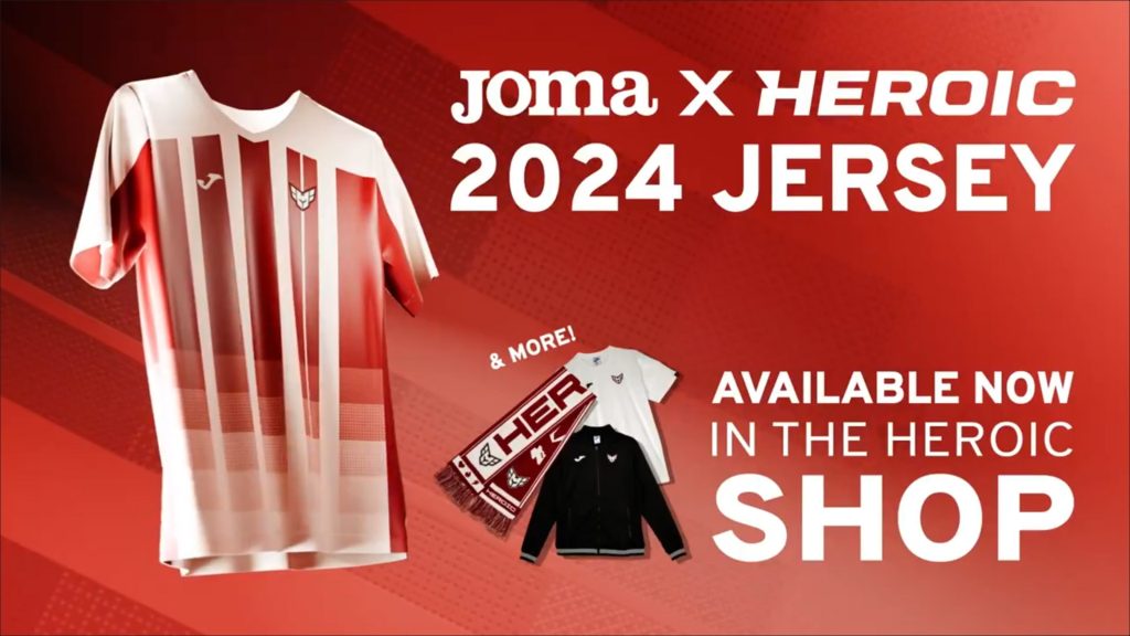 Image of Heroic and Joma logos next to jersey and apparel collection