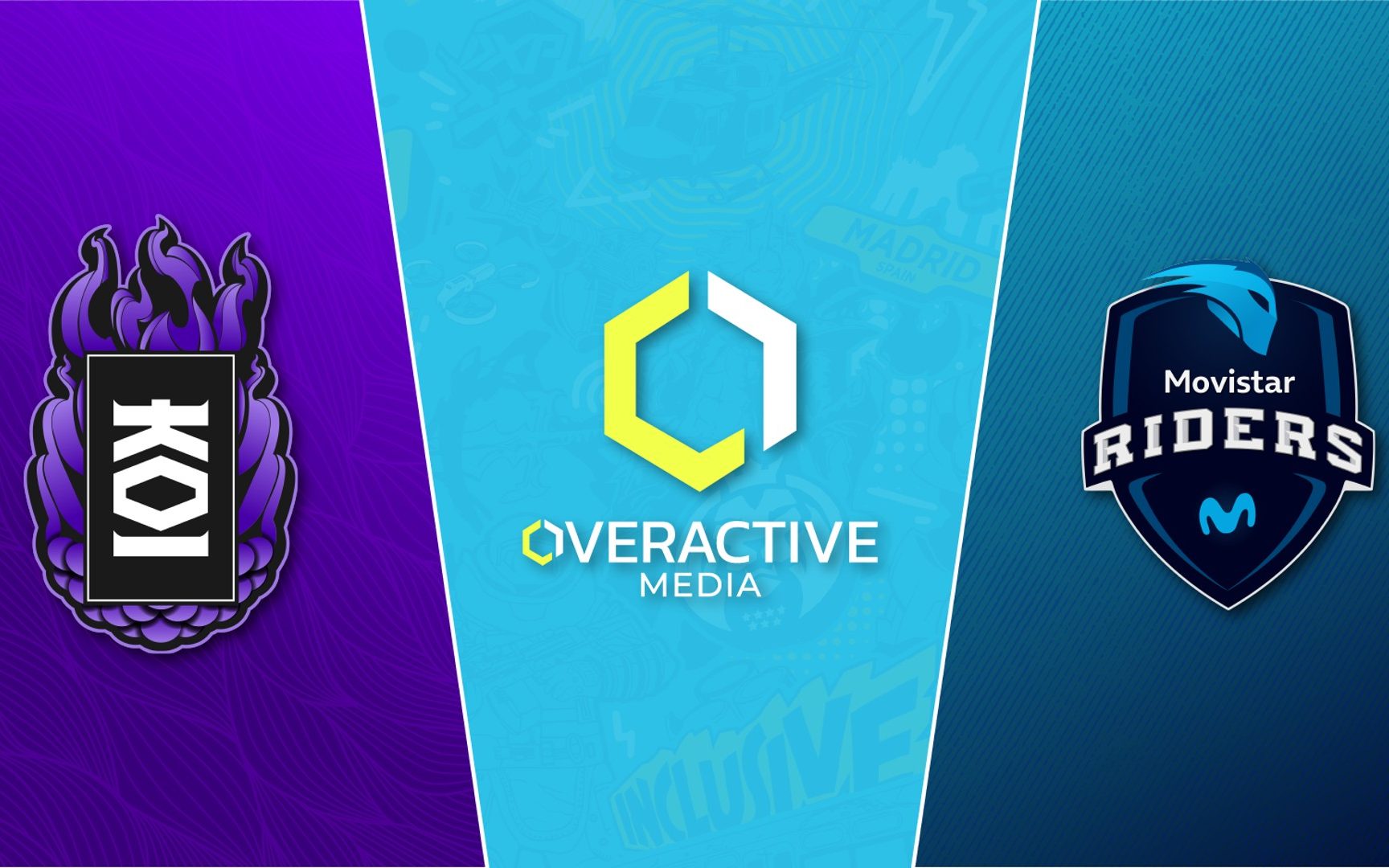 Image of OverActive Media, KOI, and Movistar Riders logos on blue and purple background