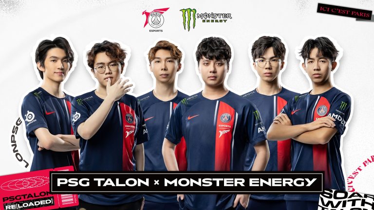 Image of TALON Esports' PSG TALON players posing on white background with Monster Energy and PSG Talon logos above
