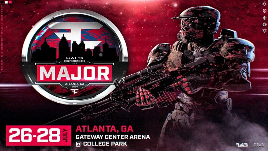 Image of Halo player holidng rifle next to FaZe Clan HCS Major Atlanta logo
