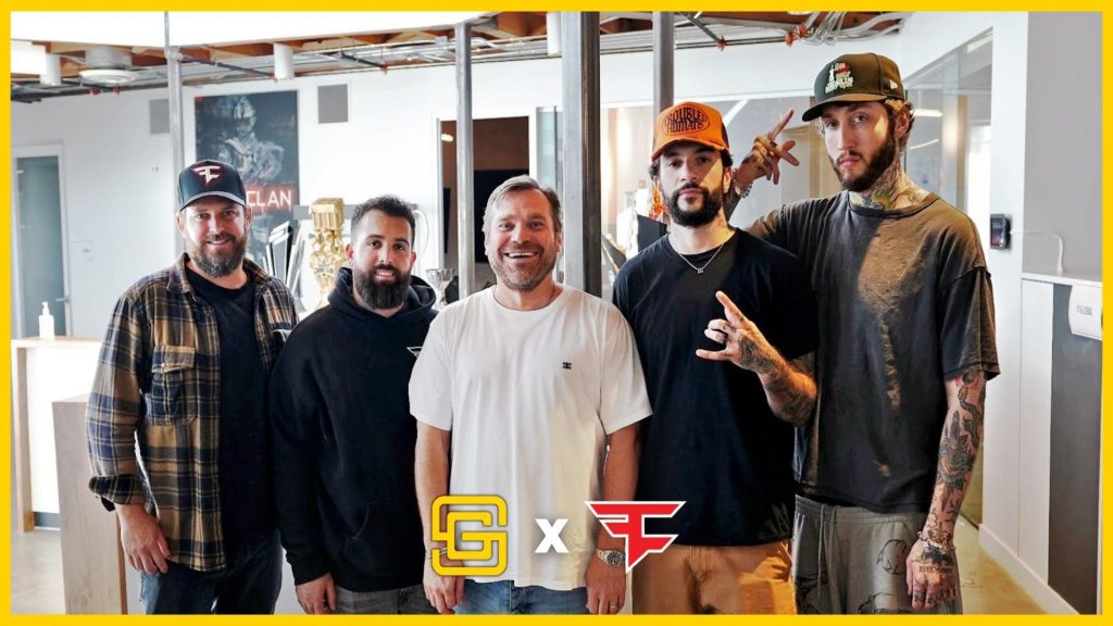 Image of GameSquare CEO, FaZe Clan members, and DraftKings President standing in front of office