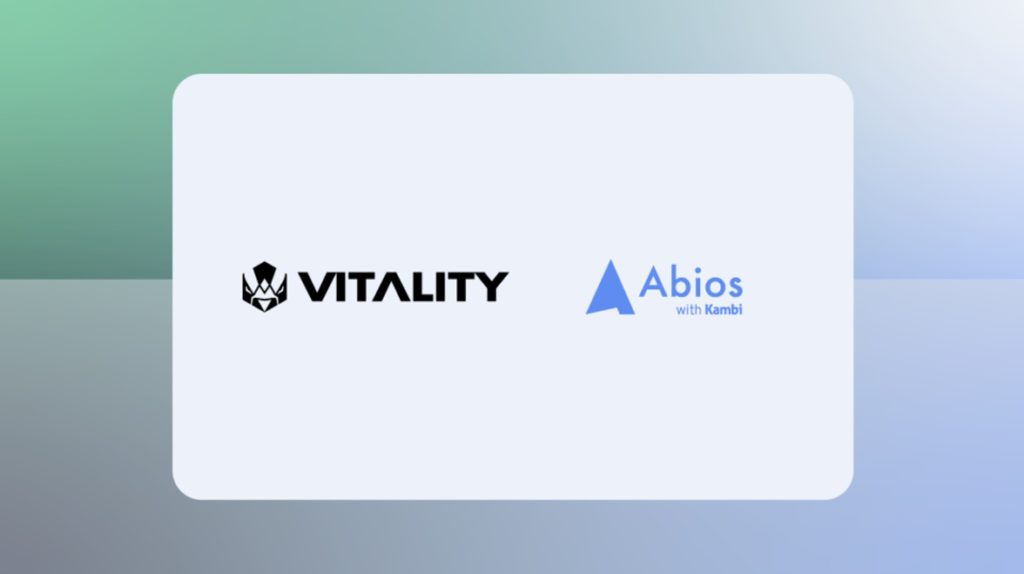 Image of Team Vitality and Abios logos on white, grey, and pale green background