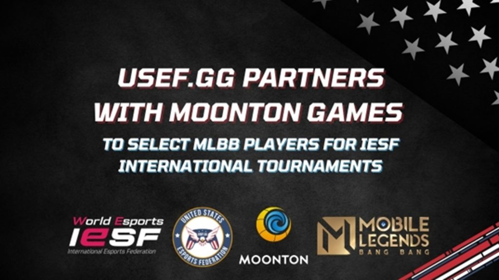 USEF, IESF, MOONTON, and Mobile Legends Bang Bang logos below text on black background