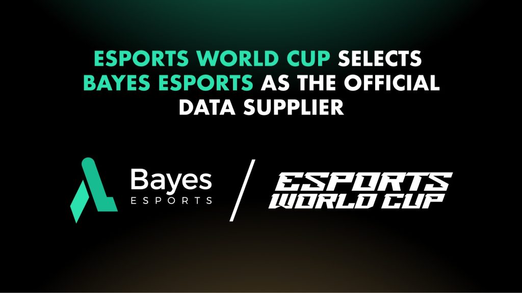 Image of Bayes Esports and Esports World Cup logos on green, black, and orange background. Green and white text sit above the logos